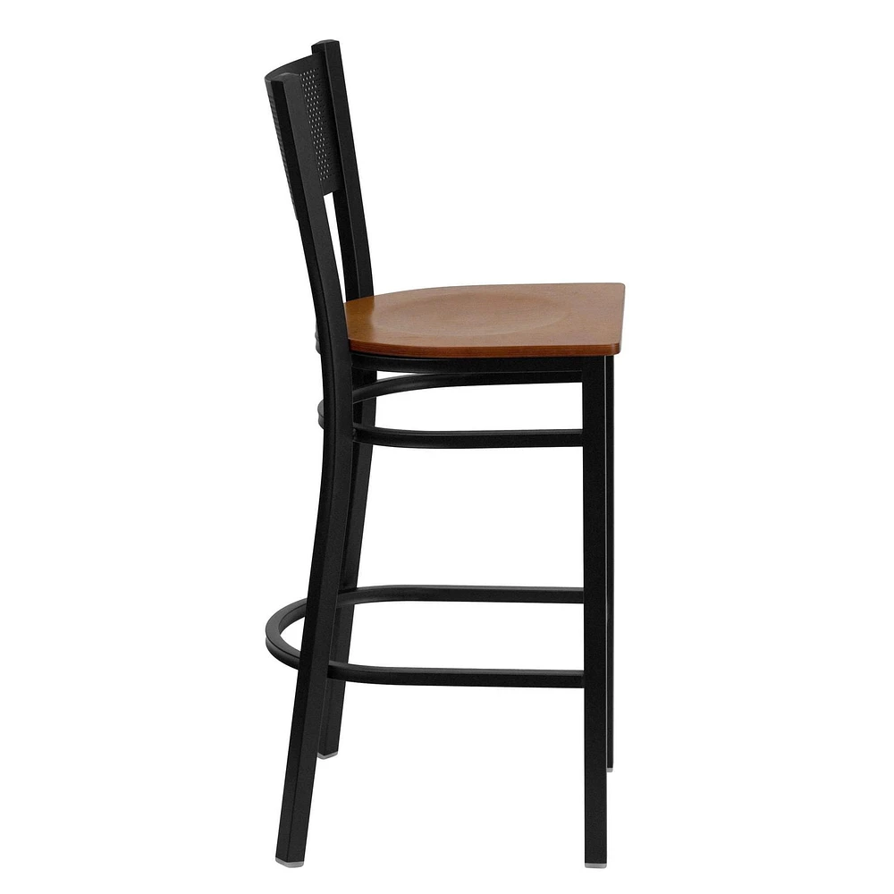 2 Pk. HERCULES Series Black Grid Back Metal Restaurant Barstool - Cherry Wood Seat