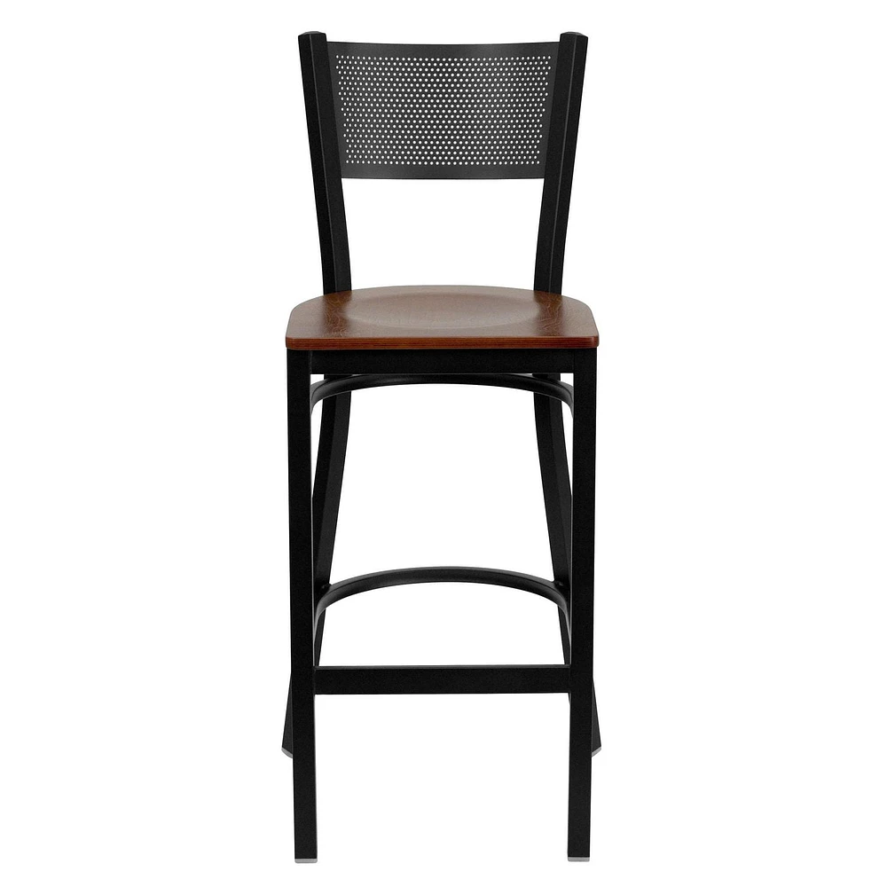 2 Pk. HERCULES Series Black Grid Back Metal Restaurant Barstool - Cherry Wood Seat