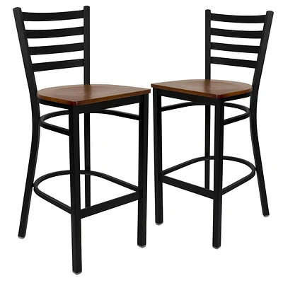 2 Pk. HERCULES Series Black Ladder Back Metal Restaurant Barstool - Cherry Wood Seat