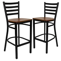 2 Pk. HERCULES Series Black Ladder Back Metal Restaurant Barstool - Cherry Wood Seat