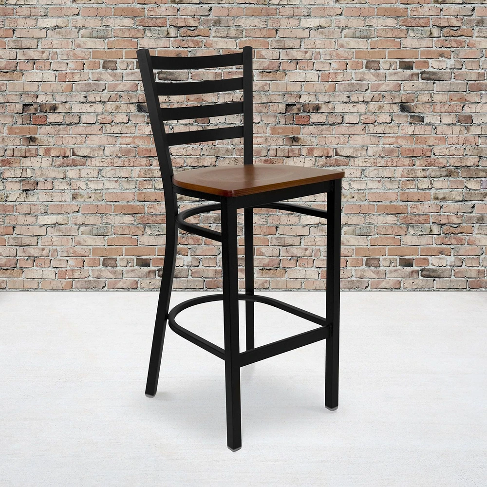 2 Pk. HERCULES Series Black Ladder Back Metal Restaurant Barstool - Cherry Wood Seat