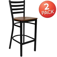 2 Pk. HERCULES Series Black Ladder Back Metal Restaurant Barstool - Cherry Wood Seat