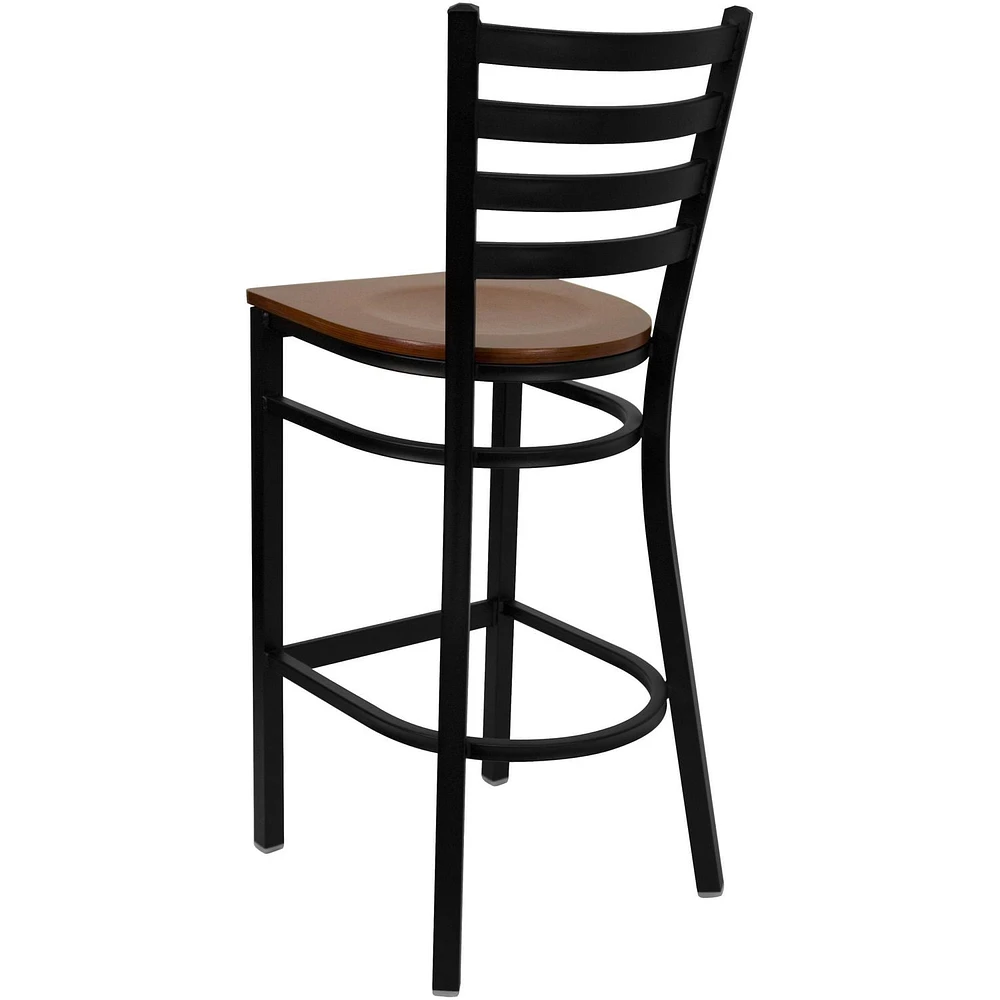 2 Pk. HERCULES Series Black Ladder Back Metal Restaurant Barstool - Cherry Wood Seat