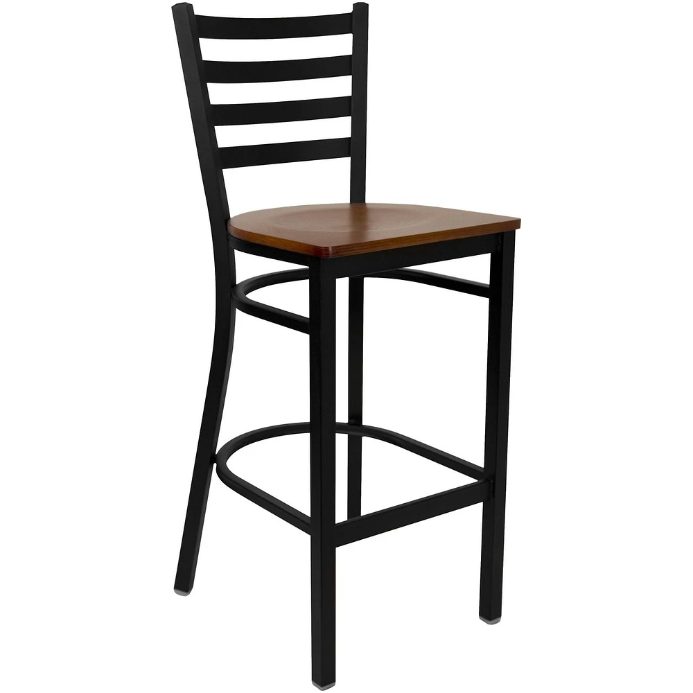 2 Pk. HERCULES Series Black Ladder Back Metal Restaurant Barstool - Cherry Wood Seat