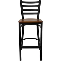 2 Pk. HERCULES Series Black Ladder Back Metal Restaurant Barstool - Cherry Wood Seat