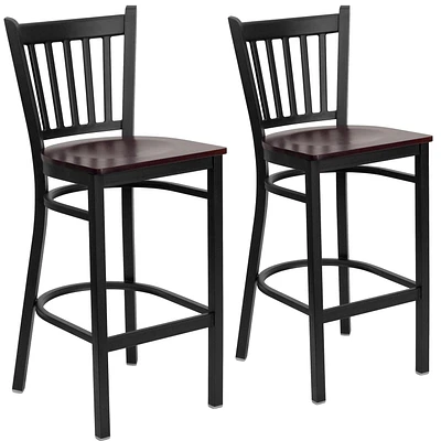 2 Pk. HERCULES Series Black Vertical Back Metal Restaurant Barstool - Mahogany Wood Seat