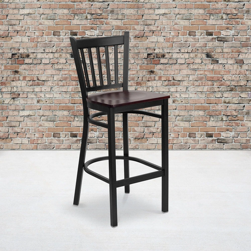 2 Pk. HERCULES Series Black Vertical Back Metal Restaurant Barstool - Mahogany Wood Seat