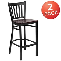 2 Pk. HERCULES Series Black Vertical Back Metal Restaurant Barstool - Mahogany Wood Seat