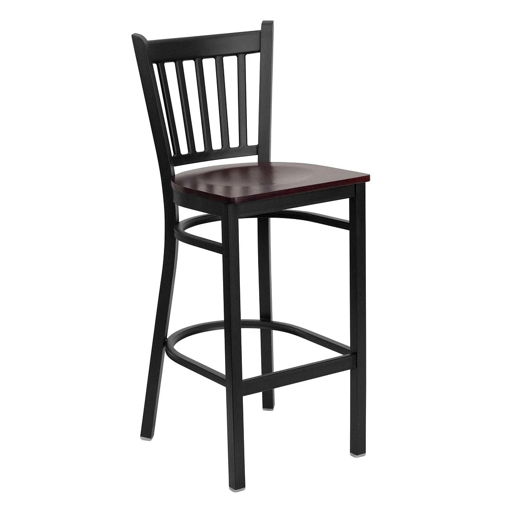 2 Pk. HERCULES Series Black Vertical Back Metal Restaurant Barstool - Mahogany Wood Seat