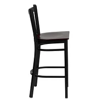 2 Pk. HERCULES Series Black Vertical Back Metal Restaurant Barstool - Mahogany Wood Seat