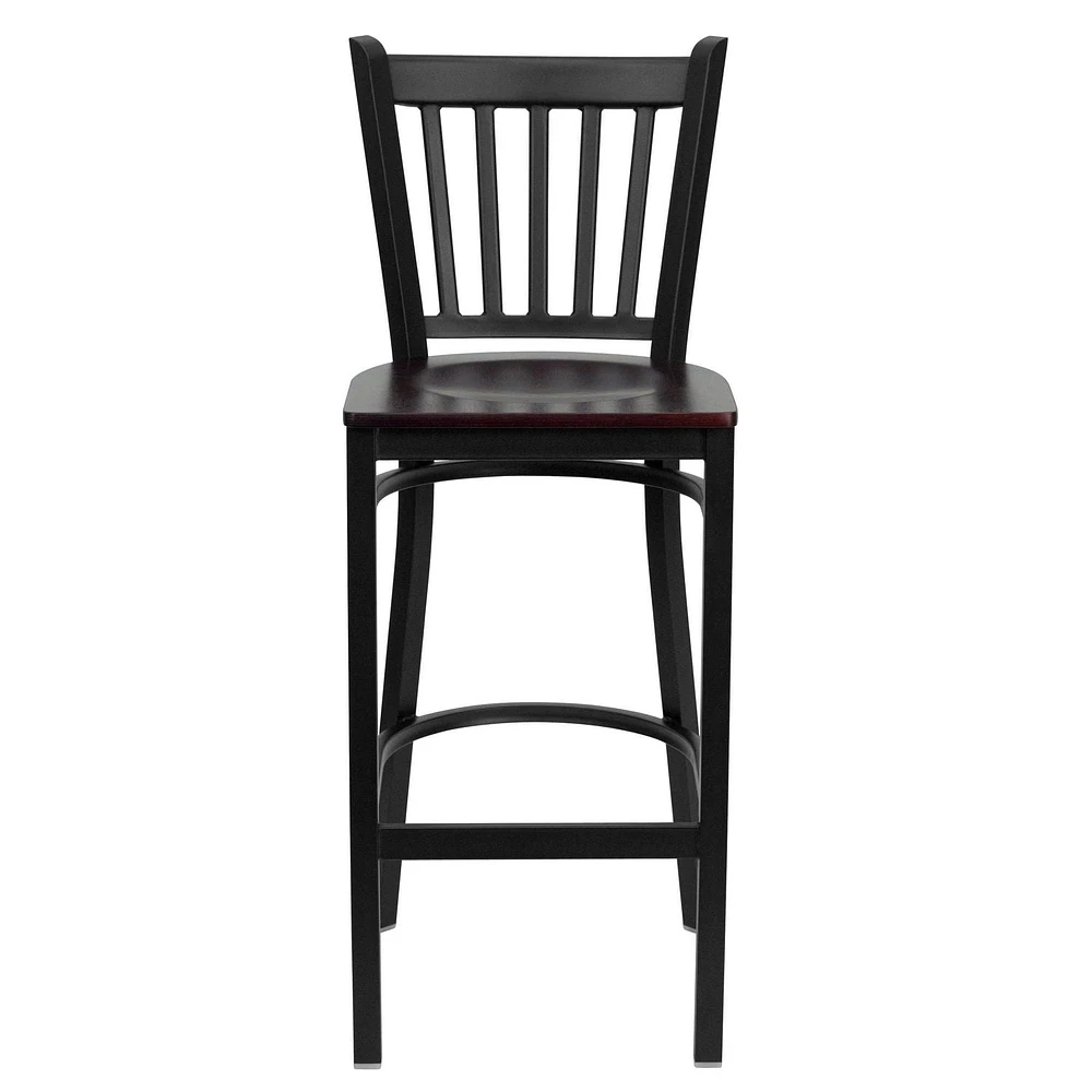 2 Pk. HERCULES Series Black Vertical Back Metal Restaurant Barstool - Mahogany Wood Seat