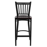 2 Pk. HERCULES Series Black Vertical Back Metal Restaurant Barstool - Mahogany Wood Seat