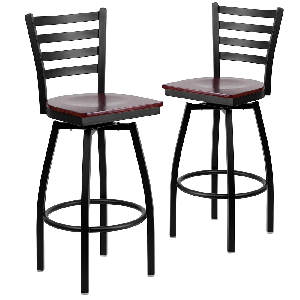 2 Pk. HERCULES Series Black Ladder Back Swivel Metal Barstool - Mahogany Wood Seat