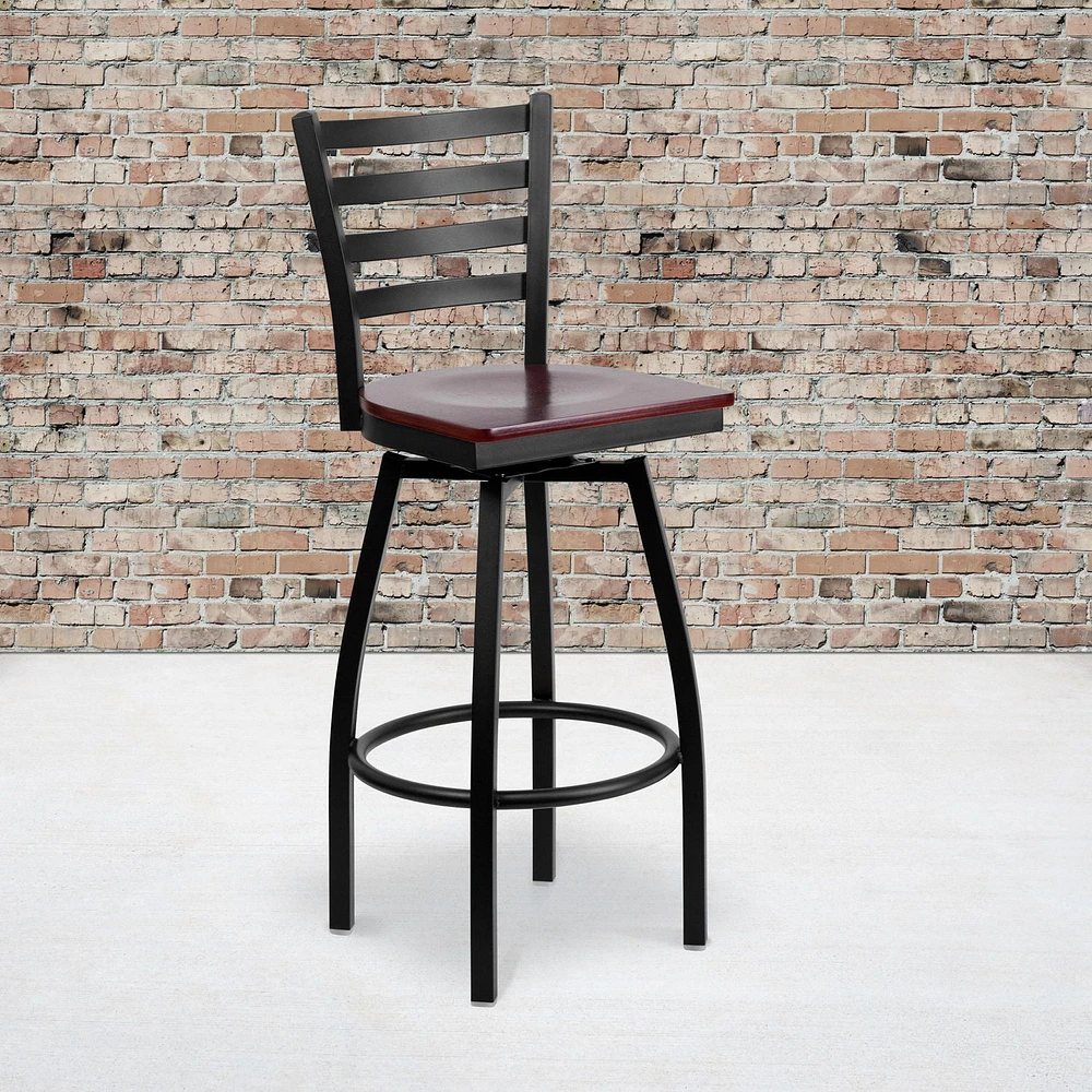 2 Pk. HERCULES Series Black Ladder Back Swivel Metal Barstool - Mahogany Wood Seat