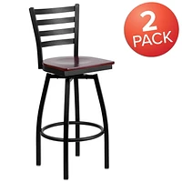 2 Pk. HERCULES Series Black Ladder Back Swivel Metal Barstool - Mahogany Wood Seat