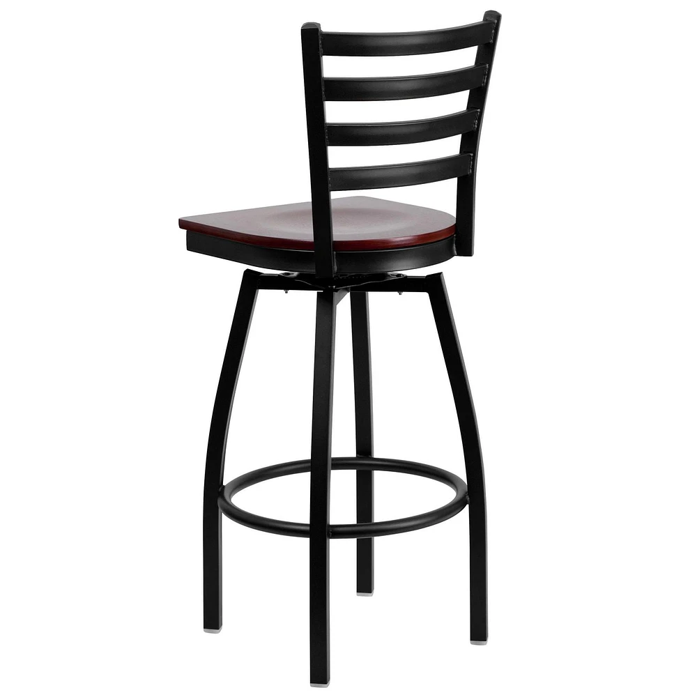 2 Pk. HERCULES Series Black Ladder Back Swivel Metal Barstool - Mahogany Wood Seat