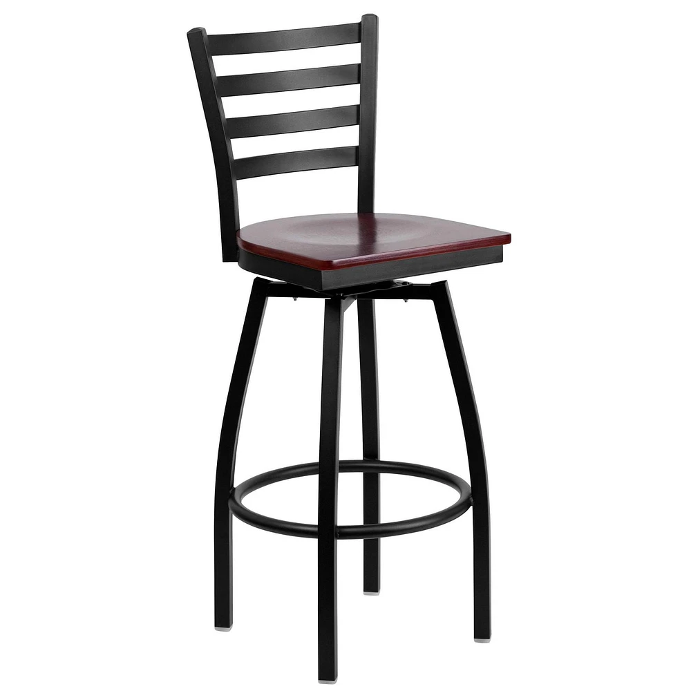 2 Pk. HERCULES Series Black Ladder Back Swivel Metal Barstool - Mahogany Wood Seat