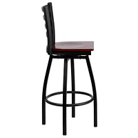 2 Pk. HERCULES Series Black Ladder Back Swivel Metal Barstool - Mahogany Wood Seat