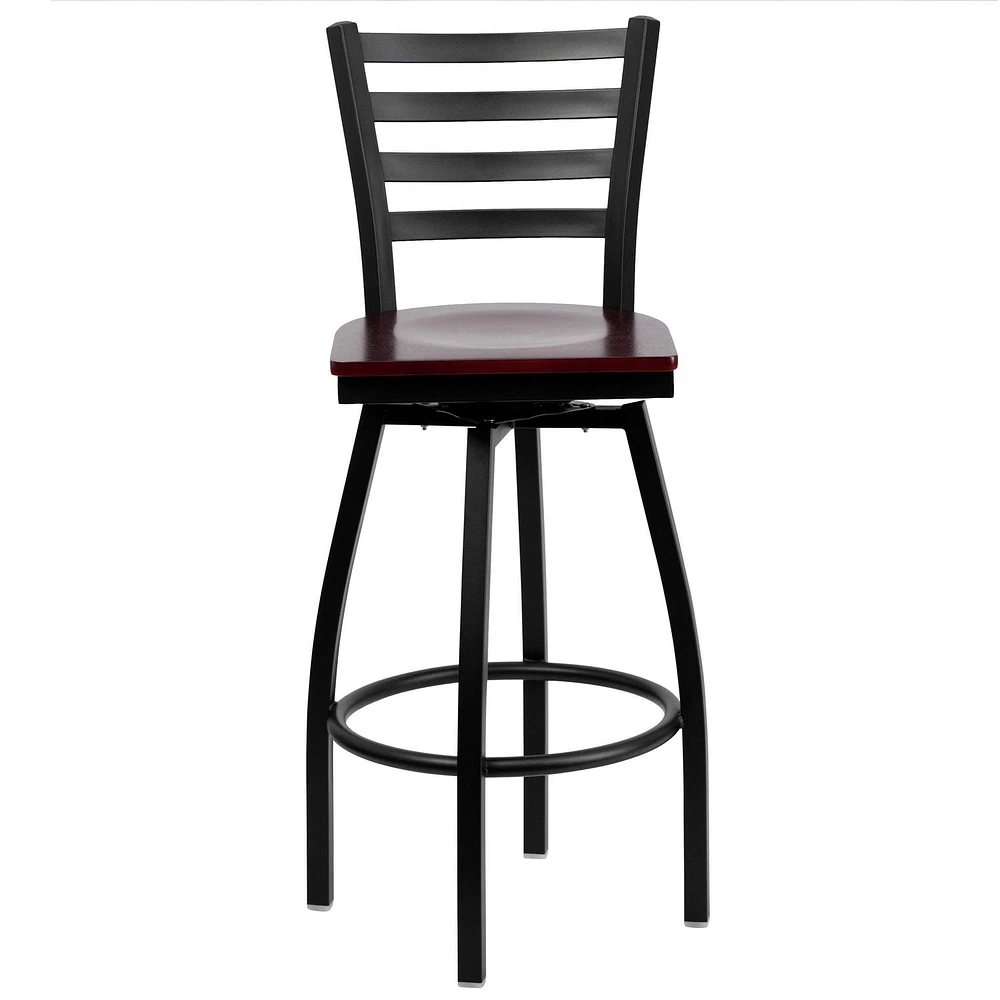 2 Pk. HERCULES Series Black Ladder Back Swivel Metal Barstool - Mahogany Wood Seat