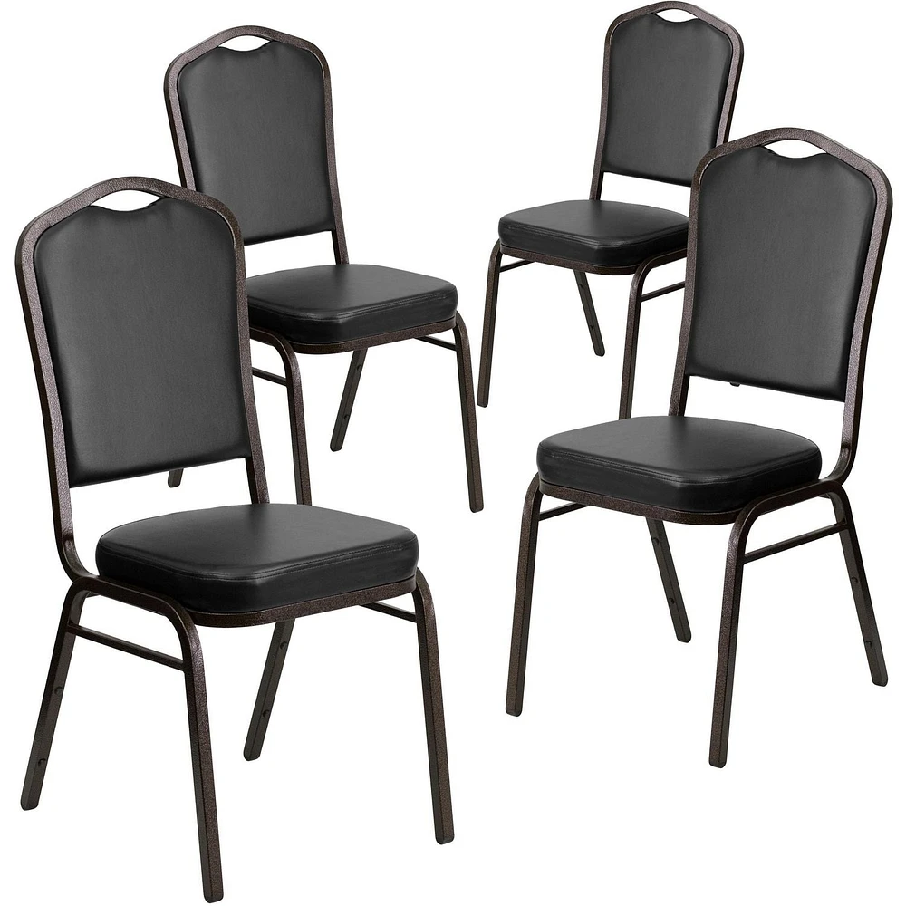 4 Pk. HERCULES Series Crown Back Stacking Banquet Chair in Black Vinyl - Gold Vein Frame