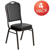 4 Pk. HERCULES Series Crown Back Stacking Banquet Chair in Black Vinyl - Gold Vein Frame