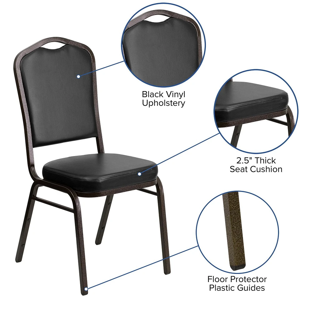 4 Pk. HERCULES Series Crown Back Stacking Banquet Chair in Black Vinyl - Gold Vein Frame