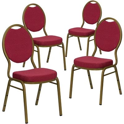 4 Pk. HERCULES Series Teardrop Back Stacking Banquet Chair in Burgundy Patterned Fabric - Gold Frame