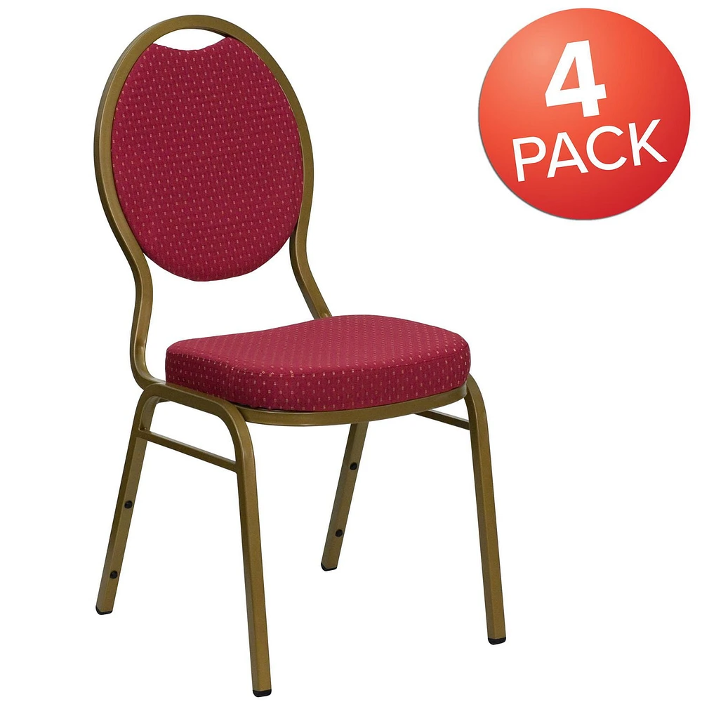 4 Pk. HERCULES Series Teardrop Back Stacking Banquet Chair in Burgundy Patterned Fabric - Gold Frame