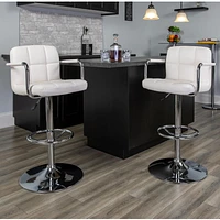 2 Pk. Contemporary White Quilted Vinyl Adjustable Height Barstool with Arms and Chrome Base