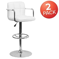 2 Pk. Contemporary White Quilted Vinyl Adjustable Height Barstool with Arms and Chrome Base