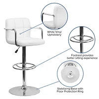 2 Pk. Contemporary White Quilted Vinyl Adjustable Height Barstool with Arms and Chrome Base