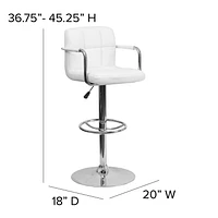 2 Pk. Contemporary White Quilted Vinyl Adjustable Height Barstool with Arms and Chrome Base