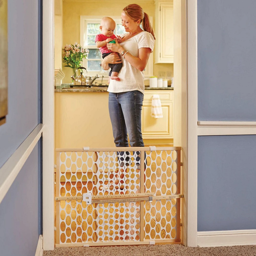 North States Easy Adjust & Lock Pressure Mount Wood Frame Quick-Fit Oval Mesh Baby or Pet Gate