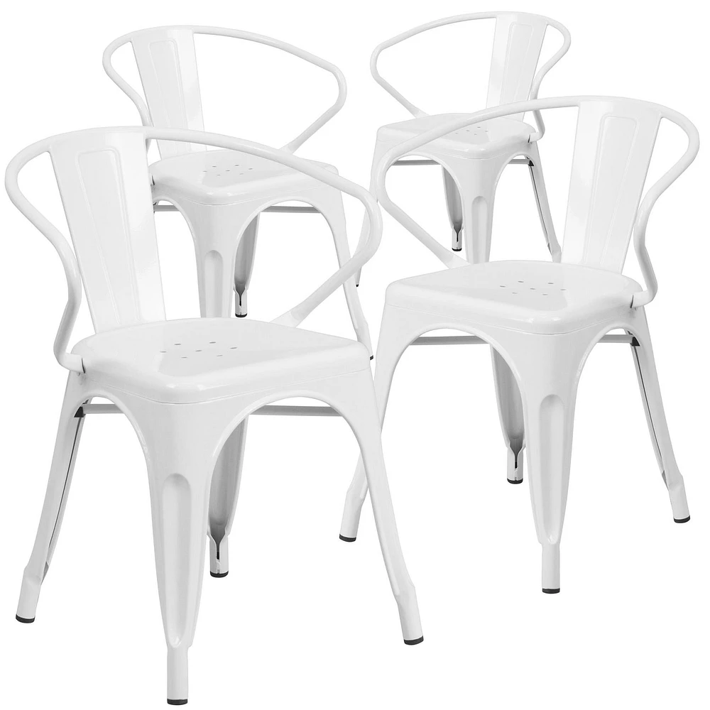 Commercial Grade 4 Pack White Metal Indoor-Outdoor Chair with Arms