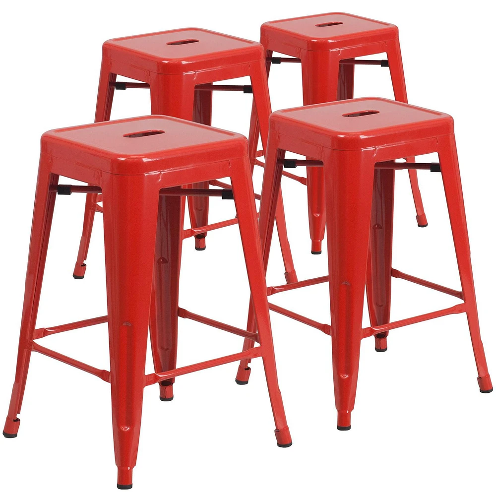 4 Pk. Commercial Grade 24" High Backless Metal Indoor-Outdoor Counter Height Stool with Square Seat