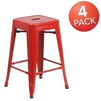 4 Pk. Commercial Grade 24" High Backless Metal Indoor-Outdoor Counter Height Stool with Square Seat