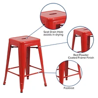 4 Pk. Commercial Grade 24" High Backless Metal Indoor-Outdoor Counter Height Stool with Square Seat