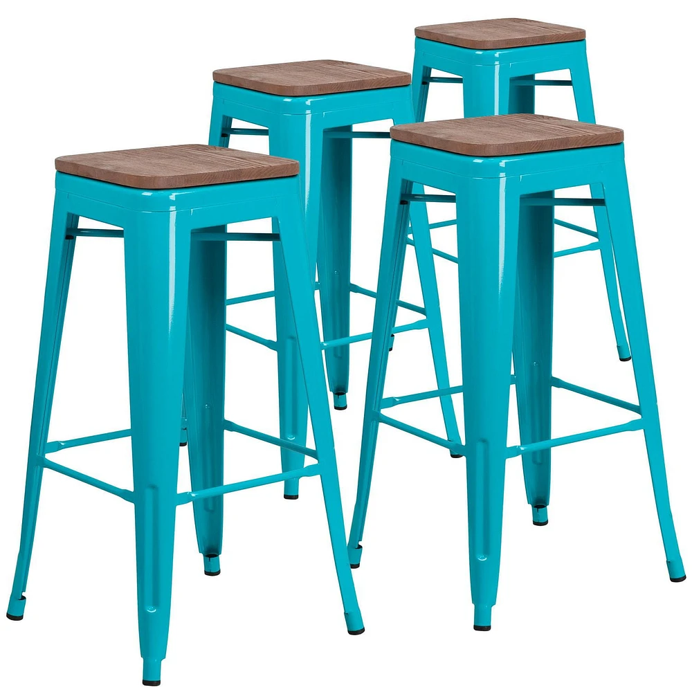 4 Pk. 30" High Backless Crystal Teal-Blue Barstool with Square Wood Seat