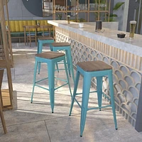 4 Pk. 30" High Backless Crystal Teal-Blue Barstool with Square Wood Seat