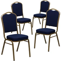 4 Pk. HERCULES Series Crown Back Stacking Banquet Chair in Navy Blue Patterned Fabric - Gold Frame