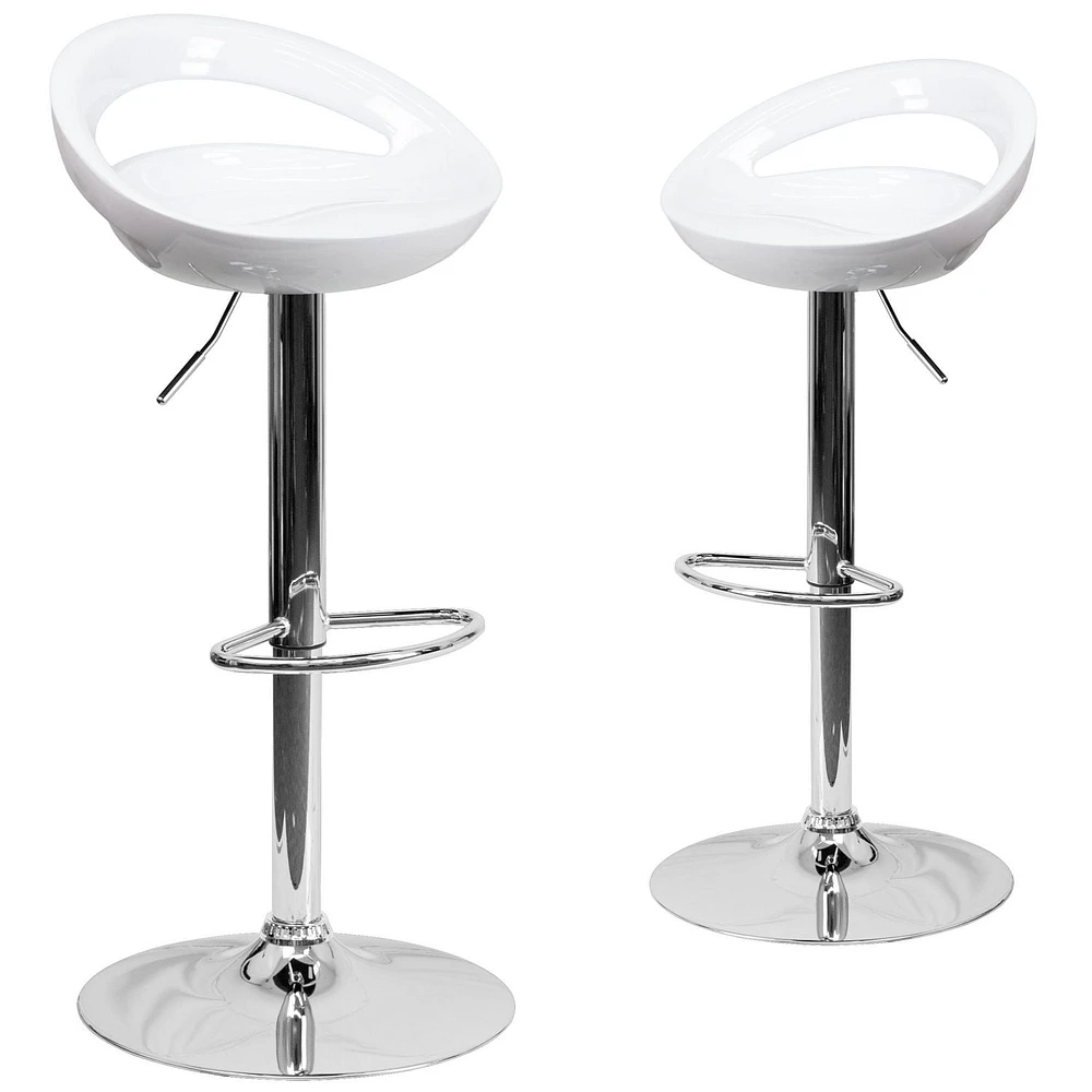 2 Pk. Contemporary White Plastic Adjustable Height Barstool with Rounded Cutout Back and Chrome Base