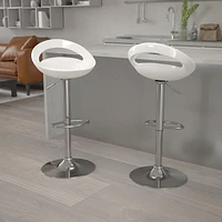 2 Pk. Contemporary White Plastic Adjustable Height Barstool with Rounded Cutout Back and Chrome Base