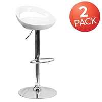 2 Pk. Contemporary White Plastic Adjustable Height Barstool with Rounded Cutout Back and Chrome Base