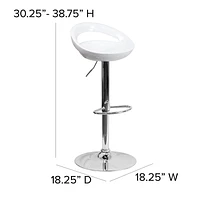 2 Pk. Contemporary White Plastic Adjustable Height Barstool with Rounded Cutout Back and Chrome Base