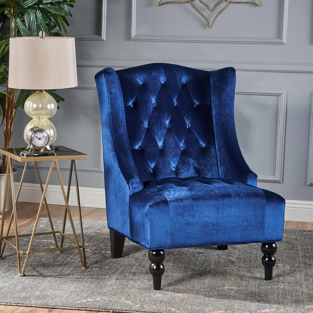 Tara High-Back Navy Blue New Velvet Club Chair