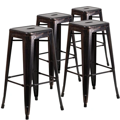 4 Pk. Commercial Grade 30" High Backless Black-Antique Gold Metal Indoor-Outdoor Barstool with Square Seat