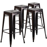 4 Pk. Commercial Grade 30" High Backless Black-Antique Gold Metal Indoor-Outdoor Barstool with Square Seat