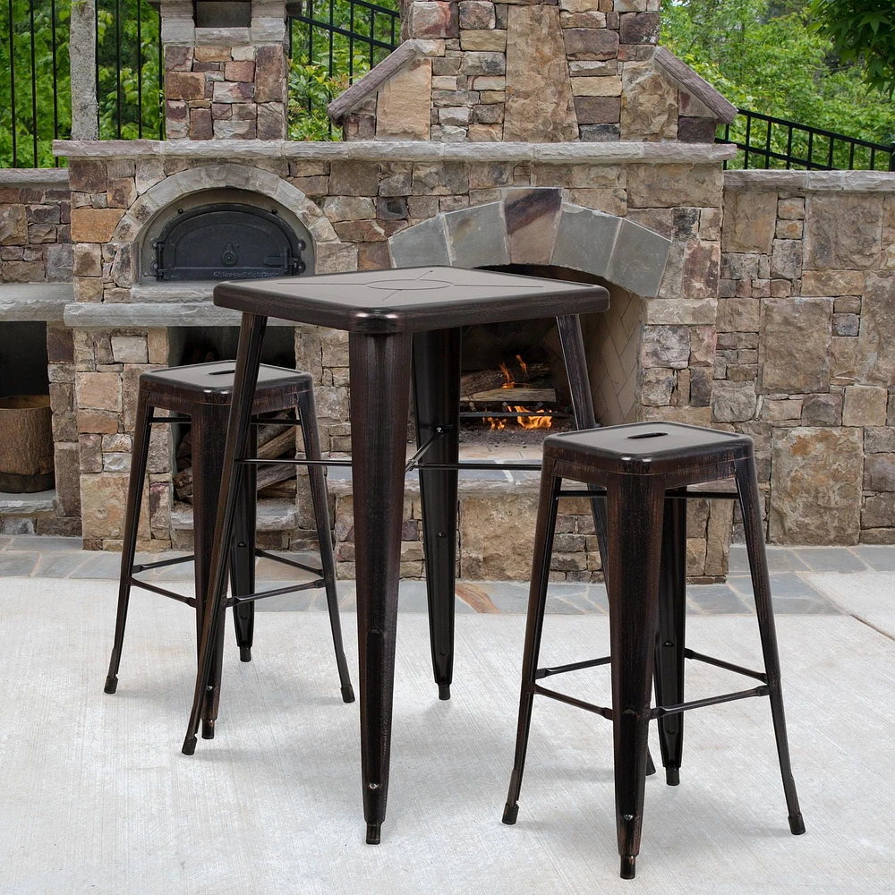 Lot de 4 pièces - Tabouret de bar intérieur / extérieur de 30 po haut de qualité commerciale en métal doré noir antique sans dossier avec siège carré