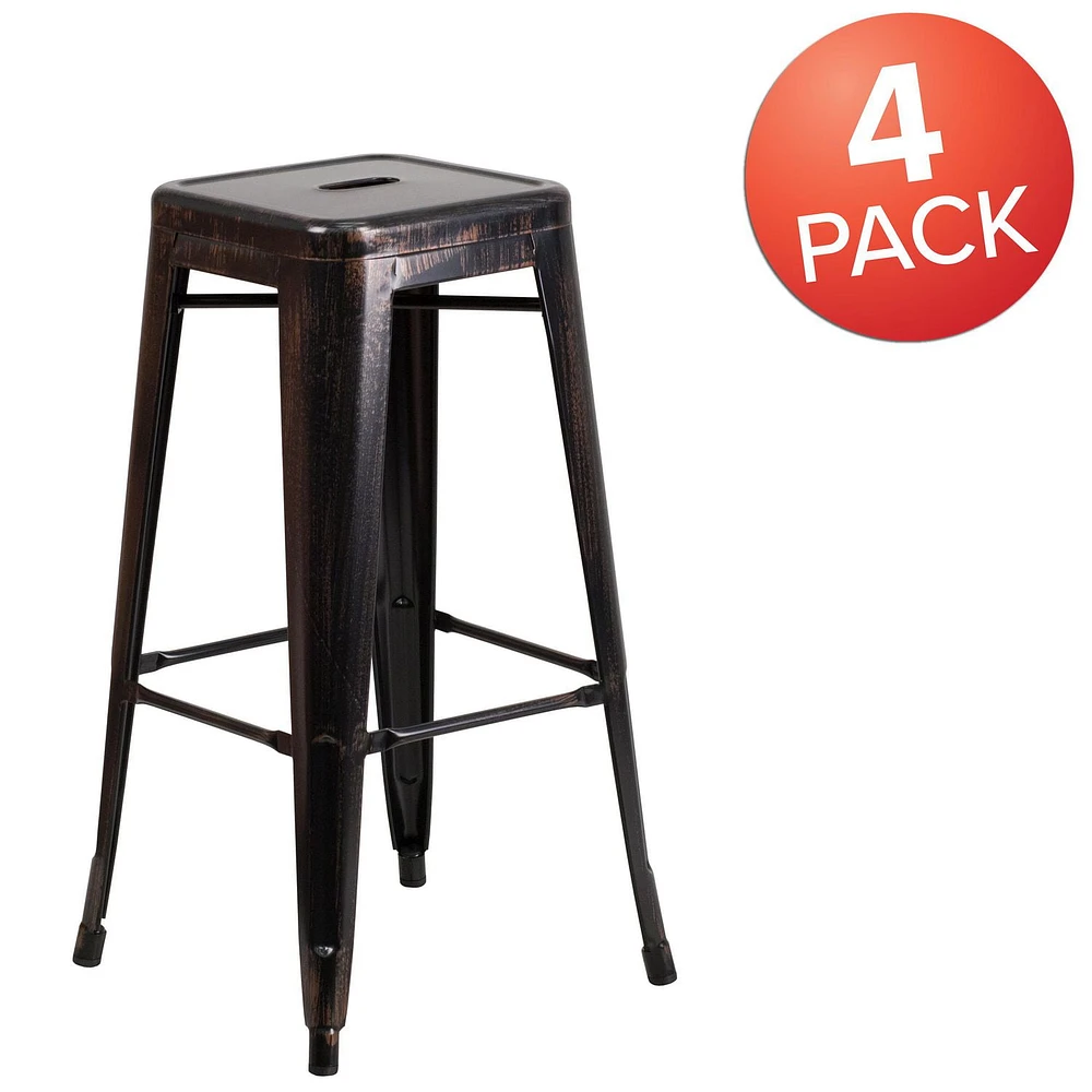 Lot de 4 pièces - Tabouret de bar intérieur / extérieur de 30 po haut de qualité commerciale en métal doré noir antique sans dossier avec siège carré