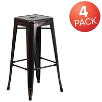 4 Pk. Commercial Grade 30" High Backless Black-Antique Gold Metal Indoor-Outdoor Barstool with Square Seat